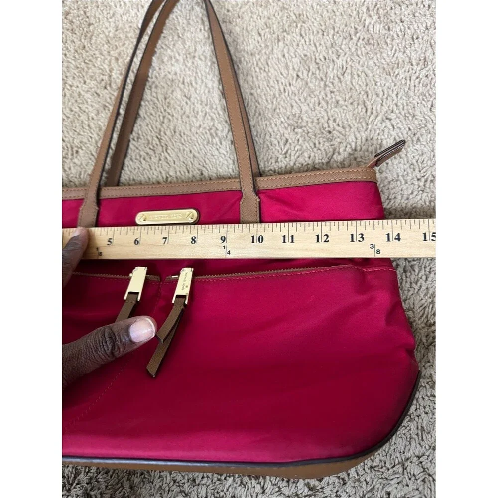 Michael Kors Kempton Nylon Tote Red Tan Leather Trim Travel Casual Contemporary